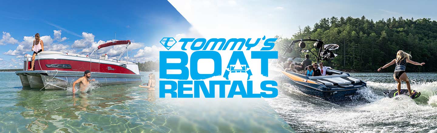 tommy's boat rental banner - image of family enjoying their Tahoe Pontoon rental boat 